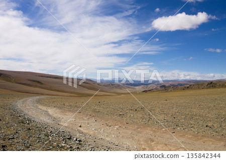 Landscape with dirt road in Altai Tavan Bogd National Park, Mongolia 135842344