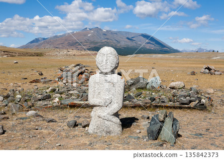 Cemetery with ancient statues in remote region of Mongolia, Altai Tavan Bogd National Park 135842373