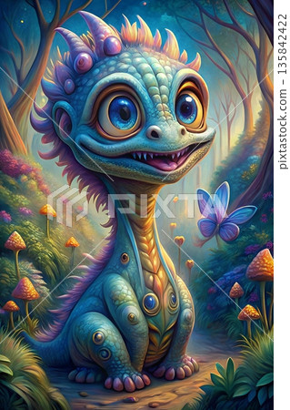 Colorful Fantasy Lizard in a Magical Forest with a Butterfly 135842422