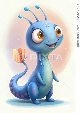 Adorable Blue Cartoon Alien with Butterfly on Tail 135842423