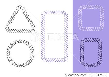 Braid frame outline set, rectangle circle square geometric shape border, irregular hand drawn ink blob brush line ornament, sketch doodle style contour 135842459