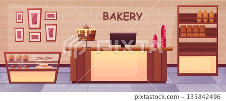 Bakery interior. Glass showcase with cakes slices, muffins and glazed donuts. Wooden cash desk and shelf with fresh hand baked bread, nowaday vector scene Bakery interior. Glass showcase with cakes slices, muffins and glazed donuts. Wooden cash desk and shelf with fresh hand baked bread, nowaday vector scene 135842496