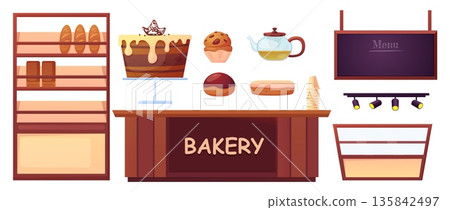Bakery furniture. Bread stand, wooden cashier desk and showcase for cakes, cookies, donuts. Teapot, menu blackboard, sweet muffin, nowaday vector set 135842497