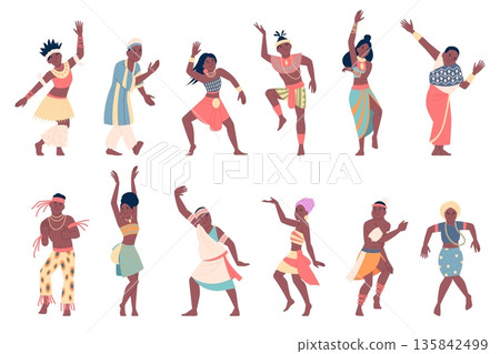 African dancers. African male and female in traditional costumes, tribal dances. Actors actress dancing, ethnic team characters, recent vector clipart African dancers. African male and female in traditional costumes, tribal dances. Actors actress dancing, ethnic team characters, recent vector clipart 135842499