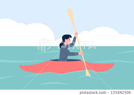 Business woman in kayak. Businessperson rafting, female character along in water. Activity life, purposefulness and active work, workaholism recent vector scene Business woman in kayak. Businessperson rafting, female character along in water. Activity life, purposefulness and active work, workaholism recent vector scene 135842500