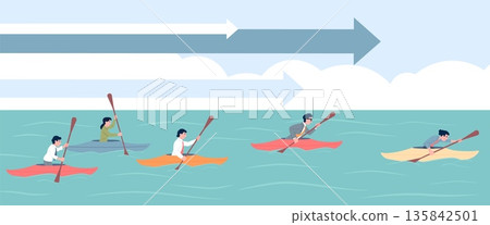 Business kayaking. Business people riding kayaks, regatta or hobby. Office workers competition, corporate tournament or team building, recent vector scene Business kayaking. Business people riding kayaks, regatta or hobby. Office workers competition, corporate tournament or team building, recent vector scene 135842501