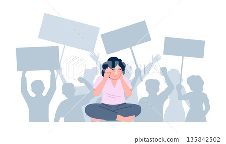Woman covers her ears from urban noise. Fatigue from street riots, rallies, and protests. Crowd of protest with banners. City lifestyle, vector concept Woman covers her ears from urban noise. Fatigue from street riots, rallies, and protests. Crowd of protest with banners. City lifestyle, vector concept 135842502