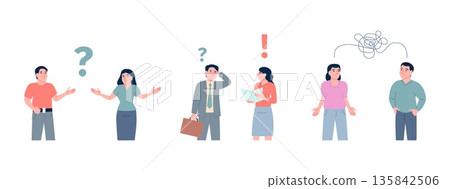 Misunderstanding scenes. Male female dont understand each other in family, relationship, friendship, business. Thoughtful characters, communication problems vector set Misunderstanding scenes. Male female dont understand each other in family, relationship, friendship, business. Thoughtful characters, communication problems vector set 135842506