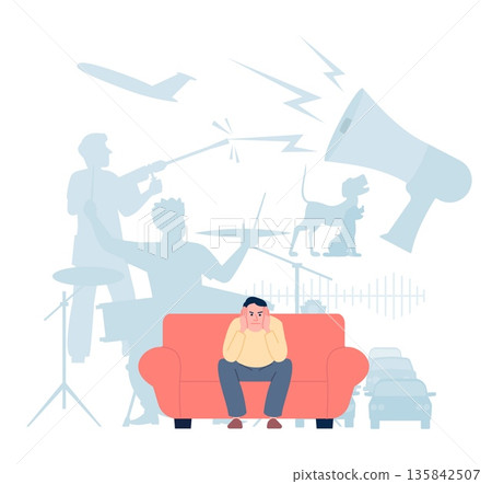 Man covers ears with hands. Urban city noise pollution. Music, household louds, repair neighbor. Guy on sofa is angry because of surrounding shouts and noises, vector scene 135842507