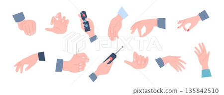 Human hands different postures. Flat hand poses, male female arms point, hold, press, extend. Person body parts, elements for design, vector set 135842510