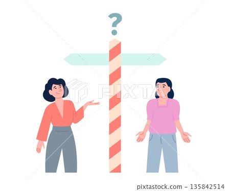 Female choose right way. Women stand near road sign with two destination arrows. Metaphor of choosing path, growing up, determination, vector scene Female choose right way. Women stand near road sign with two destination arrows. Metaphor of choosing path, growing up, determination, vector scene 135842514