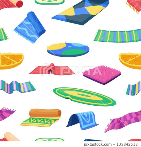 Carpets seamless pattern. Decorative home carpets, interior accessories. Fluffy and cotton, wool house elements. Print textile design, vector background 135842518