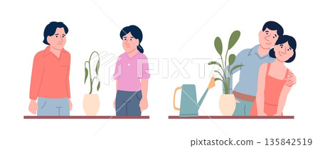 Broken and good relationships in couples. Young couple with dried plant and second with blossom green. Romantic love caring flat vector metaphor 135842519