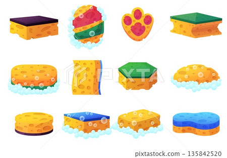 Bath sponge. Different sponges for bathing, body washing. Yellow loofah, kitchen tools for plates cups utensils and dishes cleaning, nowaday vector set 135842520