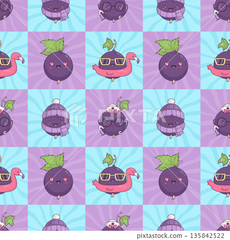 Seamless Checkerboard Pattern with Kawaii Blackcurrant Characters. Cute Berry Mascot Doctor, Summer Tourist with Flamingo and Winter on Groovy Blue Violet Sunburst Ray Background. Vector illustration 135842522
