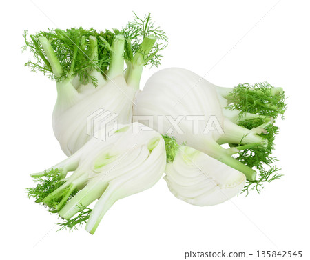 fresh fennel bulb with half and slice isolated on white background with full depth of field 135842545