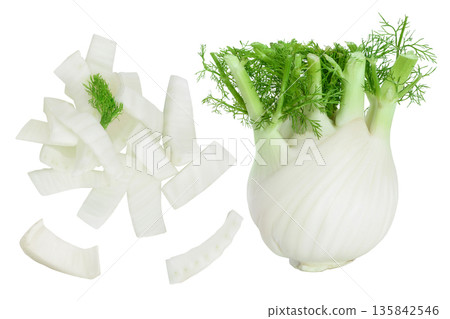 fresh fennel bulb slices isolated on white background . Top view. Flat lay fresh fennel bulb slices isolated on white background . Top view. Flat lay 135842546