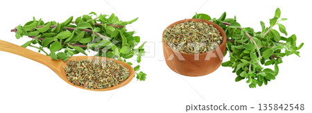 Oregano or marjoram leaves fresh and dry in wooden spoon and bowl isolated on white background with full depth of field Oregano or marjoram leaves fresh and dry in wooden spoon and bowl isolated on white background with full depth of field 135842548