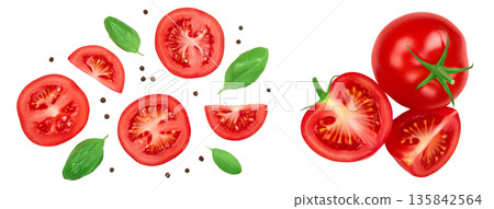 Tomato slices with basil and peppercorns isolated on white background. Clipping path and full depth of field. Top view. Flat lay 135842564