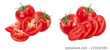 Tomato half and slices isolated on white background with full depth of field. Tomato half and slices isolated on white background with full depth of field. 135842565