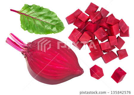 beetroot half and slice isolated on white background with full depth of field. Top view. Flat lay beetroot half and slice isolated on white background with full depth of field. Top view. Flat lay 135842576