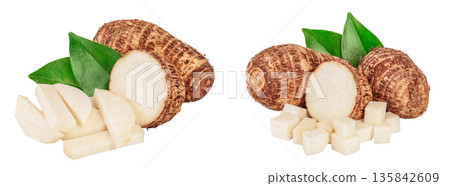 fresh taro root with slices and leaf isolated on white background 135842609