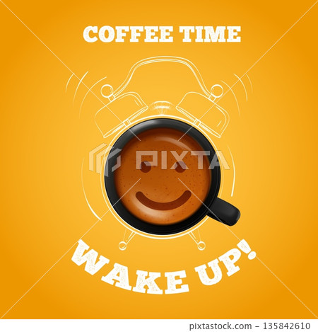 Coffee time alarm. Realistic cappuccino cup, smile hot drink clock top view good morning wake up cafe advertising banner social media post creative design 3d vector illustration original artwork 135842610