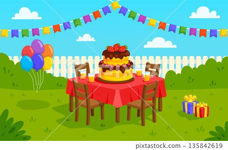 Birthday party backyard. Kids holiday decoration on yard, anniversary celebration outside house home patio cake on table, cartoon background picnic park kicky vector illustration 135842619