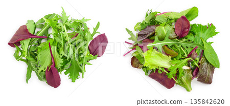 Mix of different salads isolated on white background. Top view. Flat lay 135842620