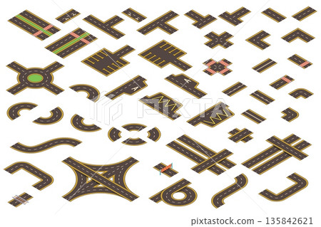 Isometric road set. City highway map creation kit, car traffic street path roadmap construction elements circle way race track crossroad asphalt icons, kicky vector illustration Isometric road set. City highway map creation kit, car traffic street path roadmap construction elements circle way race track crossroad asphalt icons, kicky vector illustration 135842621
