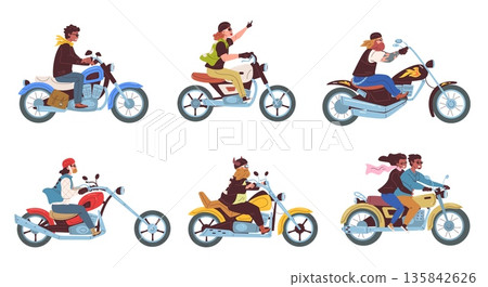 Cartoon bikers. Biker with girl ride on classic motorcycle, motorcyclist club gang on road rockers bikers in leather clothes helmets motorbike rider moto classy vector illustration Cartoon bikers. Biker with girl ride on classic motorcycle, motorcyclist club gang on road rockers bikers in leather clothes helmets motorbike rider moto classy vector illustration 135842626