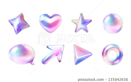 Holographic inflated figures. 3d hologram balloon shape, realistic y2k abstract icons iridescent effect speech bubble arrow star heart futuristic holo, exact vector illustration 135842638