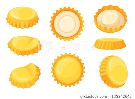 Bottle metal caps. Metallic cap from beer, soda cola mineral drink glass bottles crown cork crumpled broken used lid alcohol plugs lemonade cover badges, neat vector illustration Bottle metal caps. Metallic cap from beer, soda cola mineral drink glass bottles crown cork crumpled broken used lid alcohol plugs lemonade cover badges, neat vector illustration 135842642