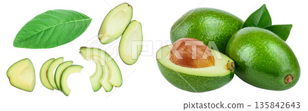 avocado and slices isolated on white background. Top view. Flat lay avocado and slices isolated on white background. Top view. Flat lay 135842643