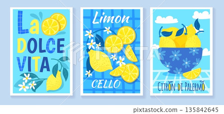Lemon italian posters. Summer italy lemon flower wedding invitation greeting cards, amalfi or greece coast travel floral vintage design abstract elegant neat vector illustration 135842645