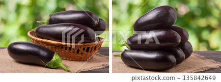 eggplant with a napkin of burlap on wooden table blurred green background eggplant with a napkin of burlap on wooden table blurred green background 135842649