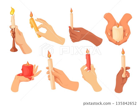 Hand hold candle. International hands holding burning wax candles with flame fire light, church religious or christmas holiday celebration set cozy home, neat vector illustration 135842652