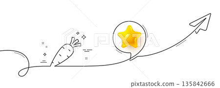 Carrot line icon. Continuous line with share plane. Vegetable food sign. Diet nutrition symbol. 3d star in speech bubble. Carrot single line ribbon. Loop curve pattern. Vector 135842666