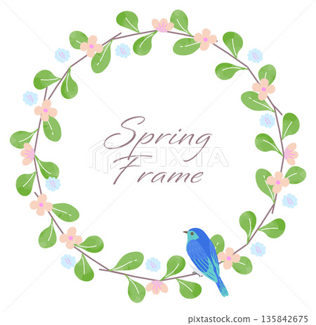 Bluebird and spring flower wreath frame: hand-drawn natural decorative frame Bluebird and spring flower wreath frame: hand-drawn natural decorative frame 135842675