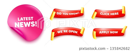Latest news sticker, offer ribbons. Apply now, Did you know. Latest news tag. Media newspaper sign. Daily information symbol. Pink sticker tag. Flag ribbon banners. Vector 135842682