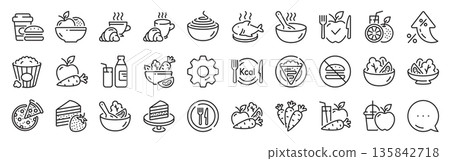 Meal line icons. Settings gear, Message, Inflation icons. Vegatable dish, poke bowl food and healthy salad set. Pizza, pasta spaghetti bowl and burger line icons. Vector Meal line icons. Settings gear, Message, Inflation icons. Vegatable dish, poke bowl food and healthy salad set. Pizza, pasta spaghetti bowl and burger line icons. Vector 135842718