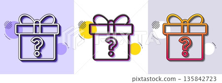 Gift box with Question mark line icon. Halftone dotted pattern. Gradient icon with grain shadow. Present or Sale sign. Birthday Shopping symbol. Package in Gift Wrap. Line secret gift icon. Vector 135842723