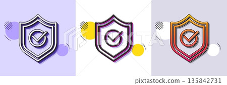 Approved shield line icon. Halftone dotted pattern. Gradient icon with grain shadow. Accepted or confirmed sign. Protection symbol. Line approved shield icon. Various designs. Vector 135842731