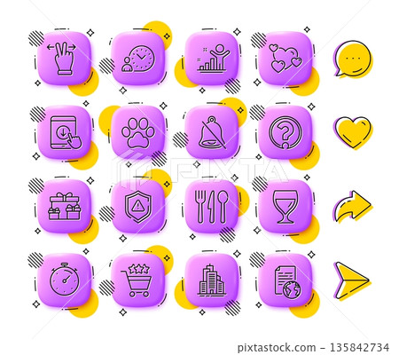 Surprise boxes, Time management and Skyscraper buildings line icons. App 3d buttons. Social media comment, share, like icons. Pack of Scroll down, Heart, Timer icon. Vector Surprise boxes, Time management and Skyscraper buildings line icons. App 3d buttons. Social media comment, share, like icons. Pack of Scroll down, Heart, Timer icon. Vector 135842734