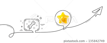 Spanner tool line icon. Continuous line with share plane. Repair service chat sign. Fix instruments symbol. 3d star in speech bubble. Spanner single line ribbon. Loop curve pattern. Vector 135842749