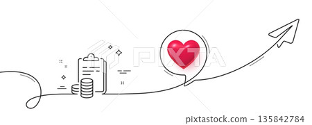 Accounting line icon. Continuous line with share plane. Clipboard document sign. Budget report symbol. 3d heart in speech bubble. Accounting single line ribbon. Loop curve pattern. Vector 135842784