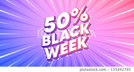 Black week sun rays gradient banner. Light burst background. Black week 50 percent sale. Special discount sign. Black friday offer symbol. Gradient sun rays. Sunburst light. Vector 135842785