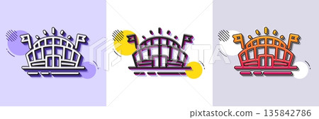 Sports arena line icon. Halftone dotted pattern. Gradient icon with grain shadow. Stadium with flags sign. Sport complex symbol. Line sports arena icon. Various designs. Vector 135842786