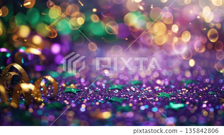 Mardi gras celebration with colorful lights and glitter for festive decor. Horizontal banner. Copy space. Holiday template. Shrove Tuesday. Fat Tuesday. Carnaval 135842806