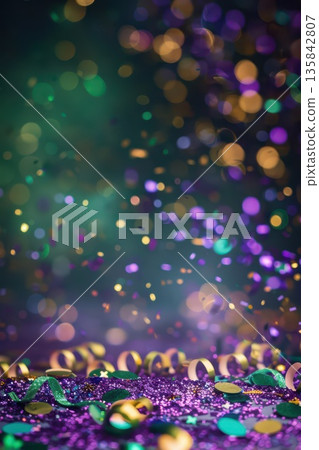 Vibrant mardi gras celebration with colorful glitter and confetti. Vertical banner. Copy space. Holiday template. Shrove Tuesday. Fat Tuesday. Carnaval. Abstract festive background 135842807